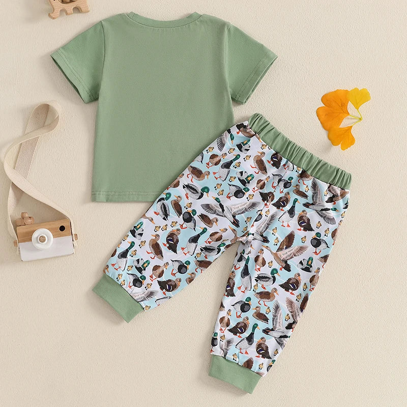 Lioraitiin Baby Boys Summer Outfit Set – Duck Embroidery Short Sleeve T-Shirt & Elastic Waist Pants (1-3 Years)