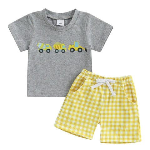 Adorable Infant Boy’s Casual Wear Set – Excavator Print T-Shirt & Plaid Shorts 2-Piece Summer Outfit for Baby & Toddler Boys (0–3 Years)