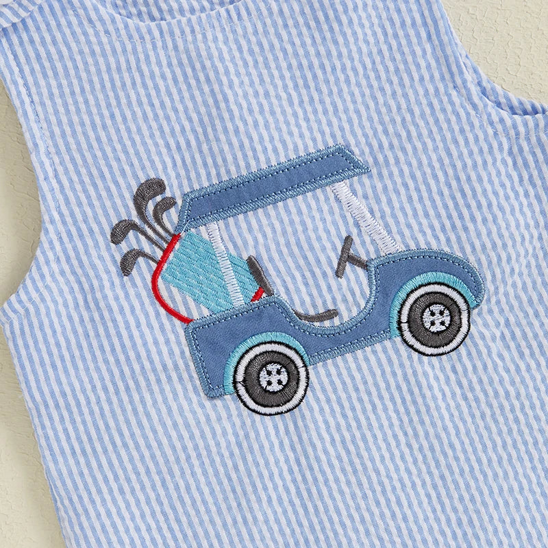 Lioraitiin Baby Boys Sleeveless Romper – Striped Golf Cart Embroidery Summer Jumpsuit for Casual Daily Wear (0-1 Years)