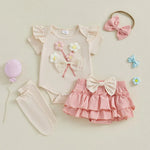 Toddler Girls Floral Print Romper with Ruffle Sleeves, Matching Shorts & Headband – Cute Summer Baby Outfit Set