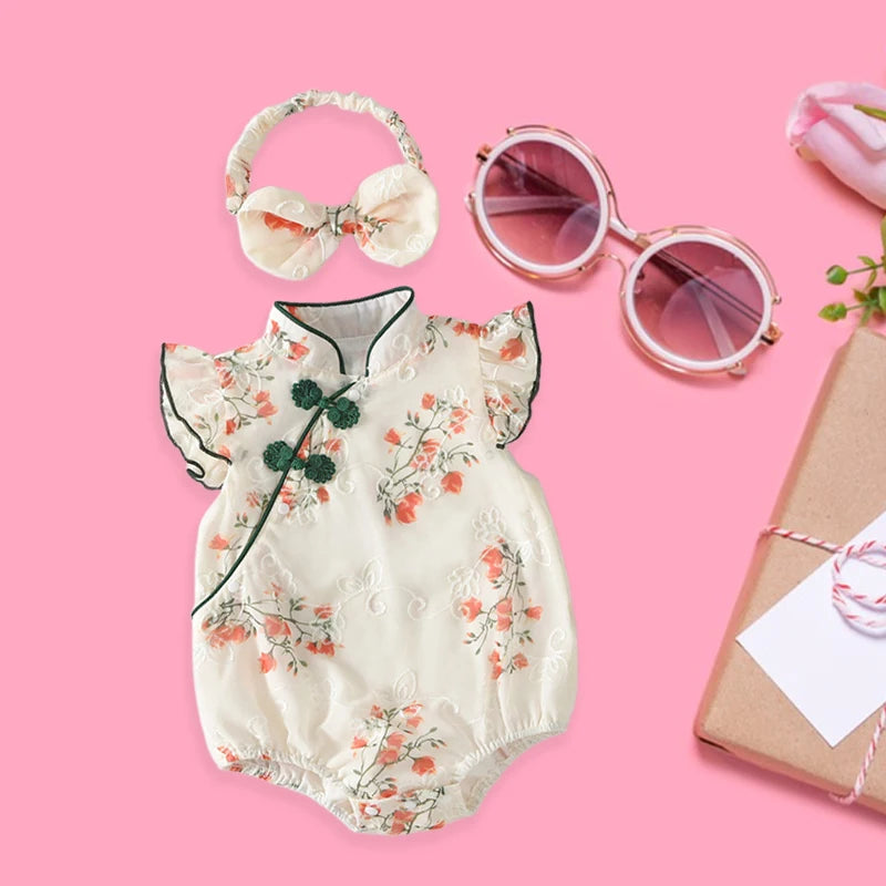 Toddler Girls Traditional Chinese Dress Set — Embroidered Floral Romper with Matching Headband, Summer Outfit