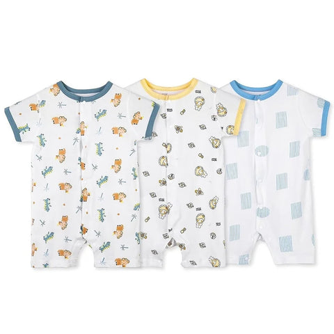 MICHLEY 3pcs Baby Short-Sleeve Rompers & Long-Sleeve Jumpsuit Bodysuit – Soft White Cartoon Infant Clothes Overalls for Boys & Girls