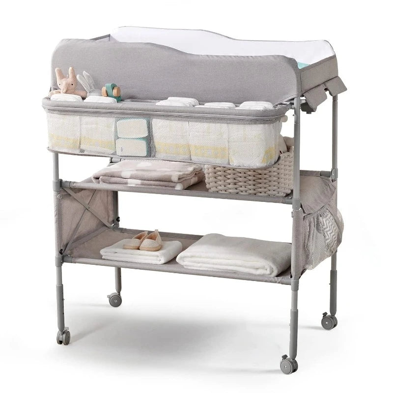 Portable Baby Changing Table Waterproof  Changing Table Pad Topper, Mobile Nursery Organizer for Newborn Essentials (Grey)