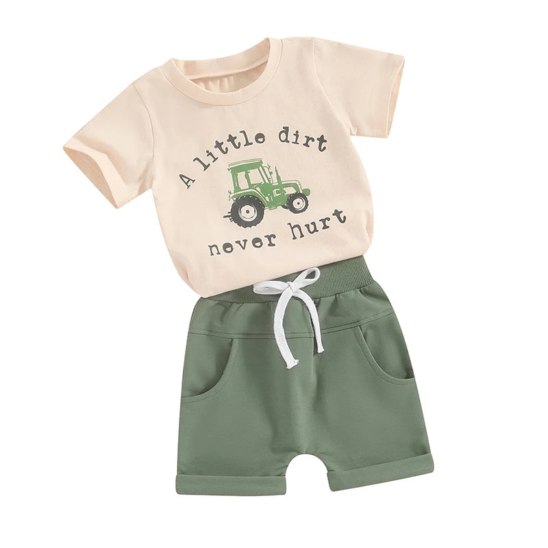Lioraitiin Toddler Boy Shorts Set – Letter & Tractor Print T-Shirt with Solid Shorts, 2-Piece Summer Outfit
