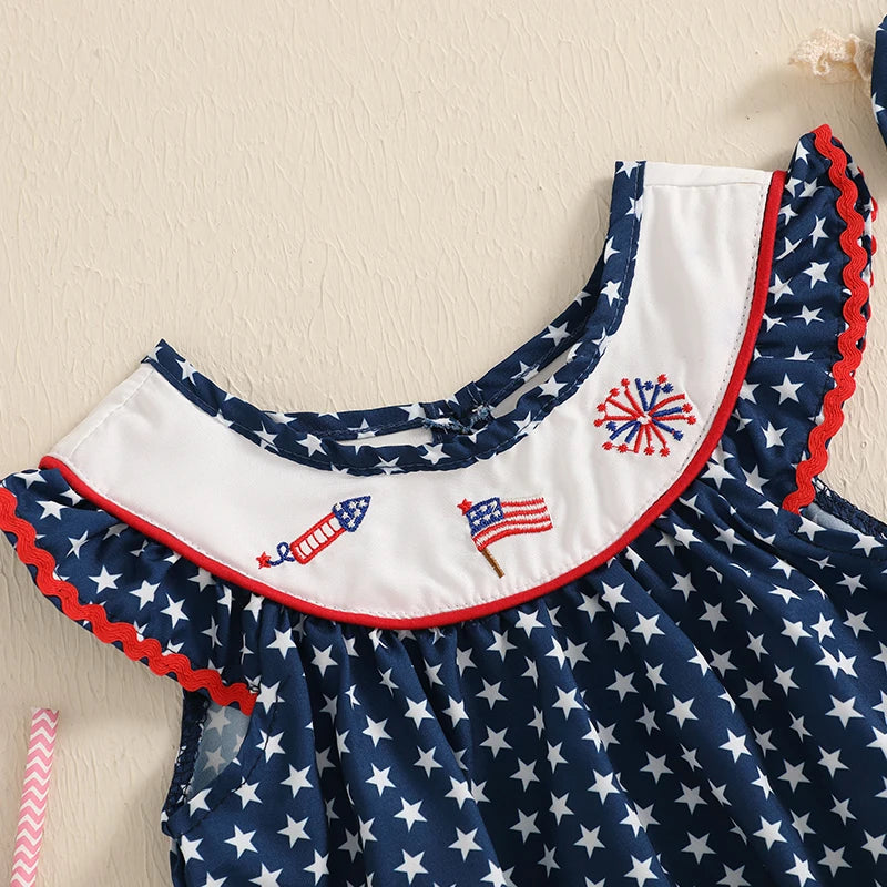 Toddler Girls 4th of July Romper – American Flag Print Sleeveless Ruffle Jumpsuit with Headband, 2-Piece Independence Day Outfit