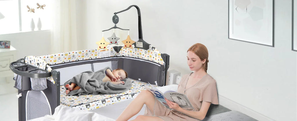 Pack and Play, 5 in 1 Baby Bedside Sleeper with Bassinet, Diaper Changer, Mattress, Carry Bag, Music Box Hanging Toys (Bear)