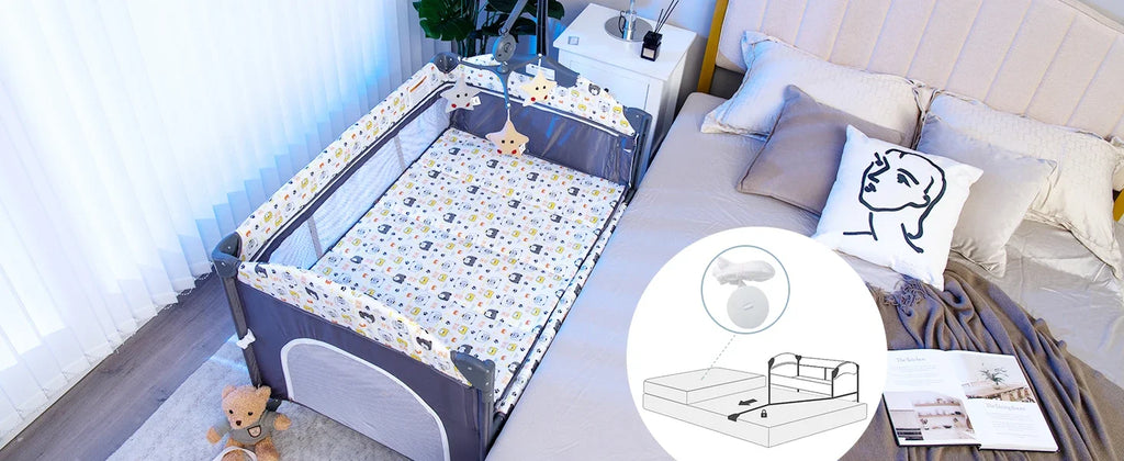 Pack and Play, 5 in 1 Baby Bedside Sleeper with Bassinet, Diaper Changer, Mattress, Carry Bag, Music Box Hanging Toys (Bear)