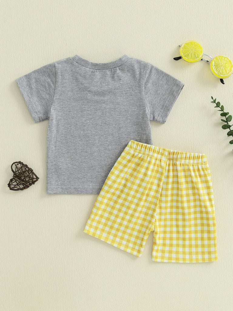 Adorable Infant Boy’s Casual Wear Set – Excavator Print T-Shirt & Plaid Shorts 2-Piece Summer Outfit for Baby & Toddler Boys (0–3 Years)