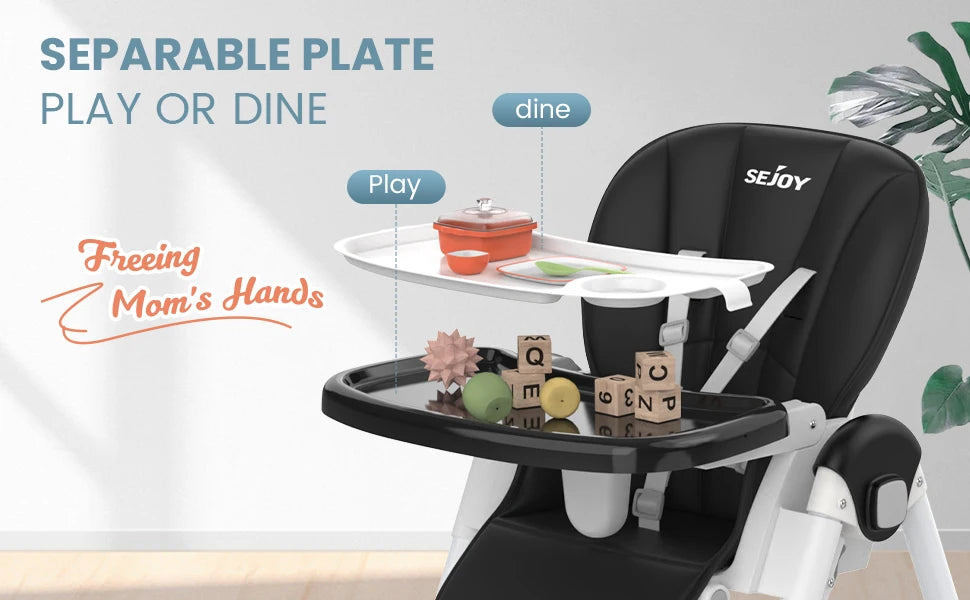 Sejoy Adjustable Baby High Chair with 5-Point Harness 3-Tier Tray & Wheels CE/CPC Certified Children's Dining Chair