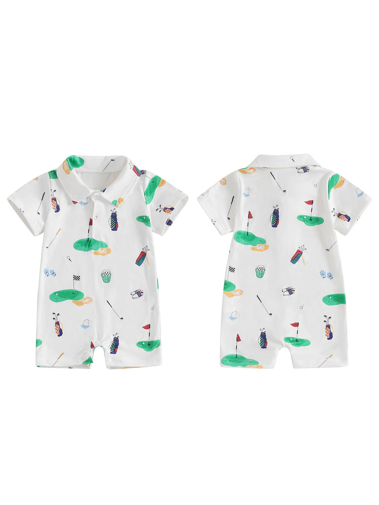 Infant Golf Romper – Unisex Baby Boy or Girl Summer Bodysuit with Half Button-Up, Lapel Neck & Short Sleeves