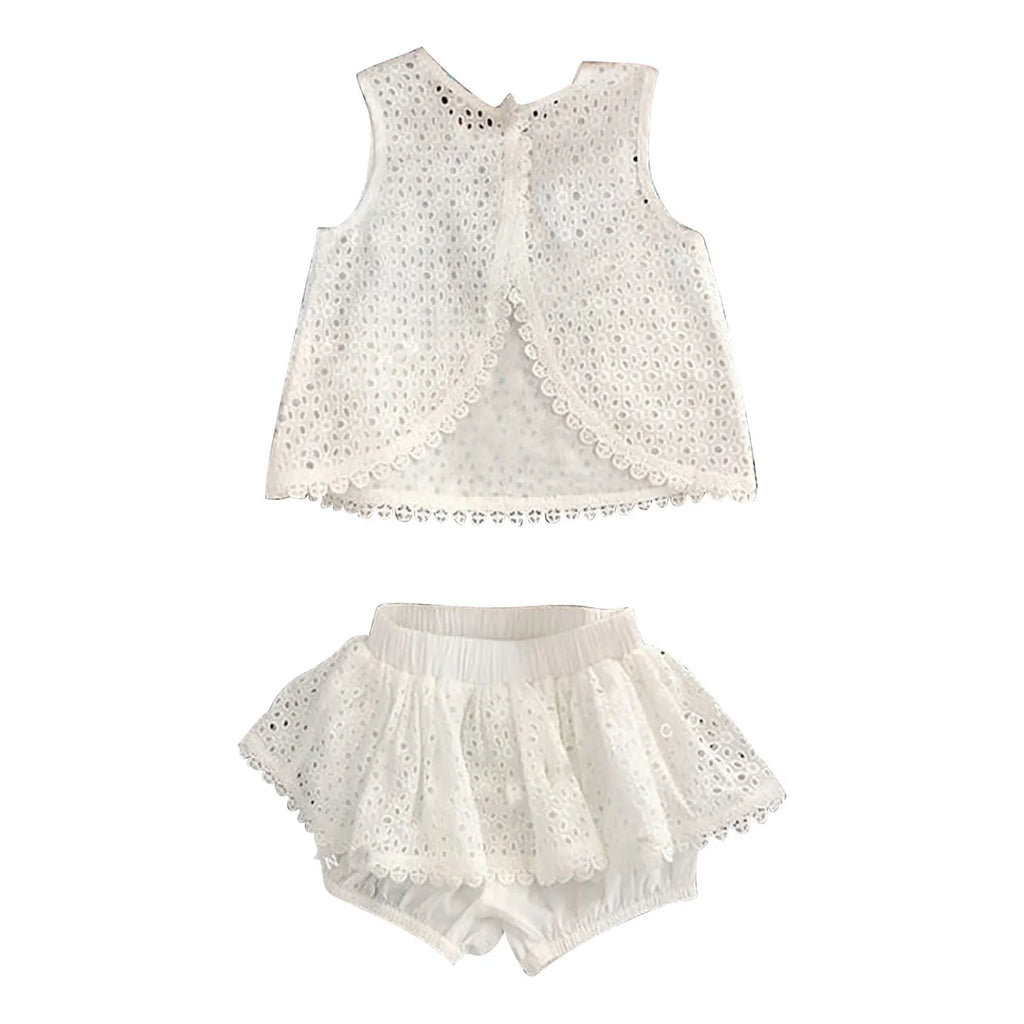 Girls 2025 Summer Clothing Set – Hollow Lace Sleeveless Top & Shorts 2-Piece Outfit for Toddlers – Stylish Cotton Backless Suit for Baby Girls (1–5T)
