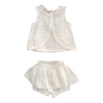 Girls 2025 Summer Clothing Set – Hollow Lace Sleeveless Top & Shorts 2-Piece Outfit for Toddlers – Stylish Cotton Backless Suit for Baby Girls (1–5T)