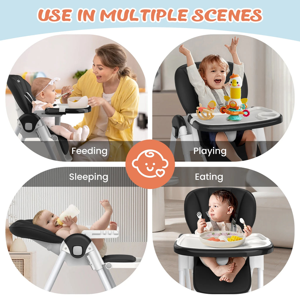 Sejoy Adjustable Baby High Chair with 5-Point Harness 3-Tier Tray & Wheels CE/CPC Certified Children's Dining Chair