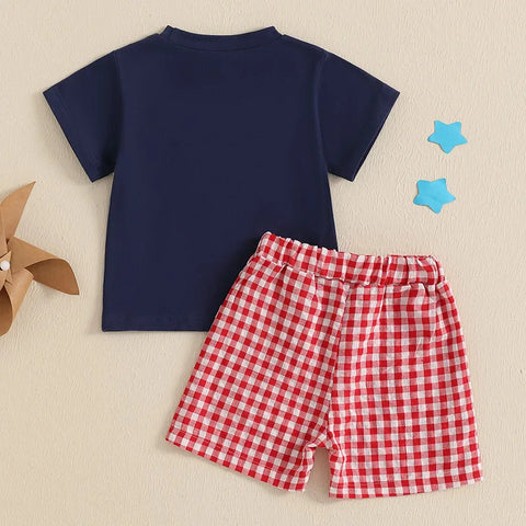 Lioraitiin Toddler Baby Boy 4th of July Outfit – Short Sleeve Truck & Flag Embroidery T-Shirt with Matching Shorts Set