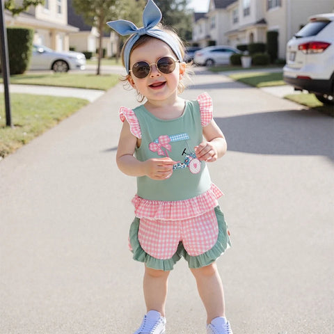 Adorable Infant Girl’s Summer Outfit – Golf Cart Embroidered Flutter Sleeve Top with Plaid Shorts 2-Piece Set