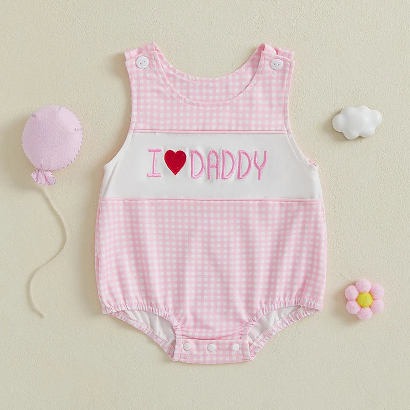 Cute Baby Girl Romper – Sleeveless Infant Bodysuit with Adorable Letter Embroidery & Plaid Design, Round Neck Jumpsuit for Newborns & Toddlers