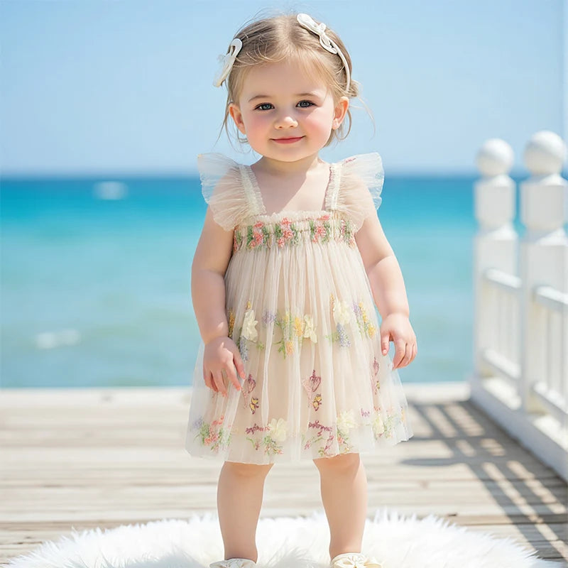 Toddler Girl Sleeveless Floral Embroidered Tulle Dress with Ruffle Square Neckline – Princess Party Dress for Baby Girl