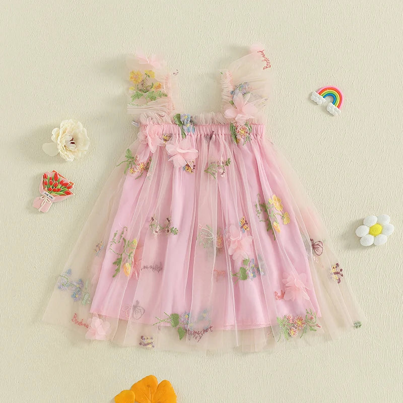 Toddler Girl Sleeveless Floral Embroidered Tulle Dress with Ruffle Square Neckline – Princess Party Dress for Baby Girl