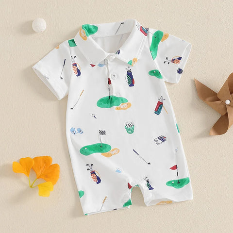 Infant Golf Romper – Unisex Baby Boy or Girl Summer Bodysuit with Half Button-Up, Lapel Neck & Short Sleeves