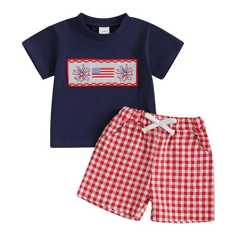 Lioraitiin Toddler Baby Boy 4th of July Outfit – Short Sleeve Truck & Flag Embroidery T-Shirt with Matching Shorts Set
