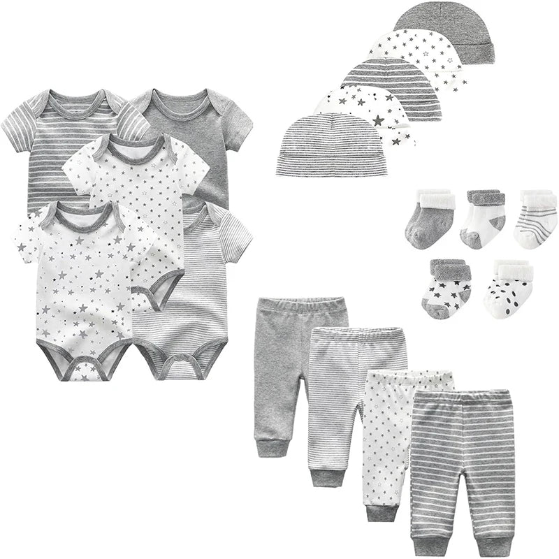 Unisex Newborn Baby Bodysuit Set – 19-Piece Cotton Bodysuits & Accessories for Boys & Girls