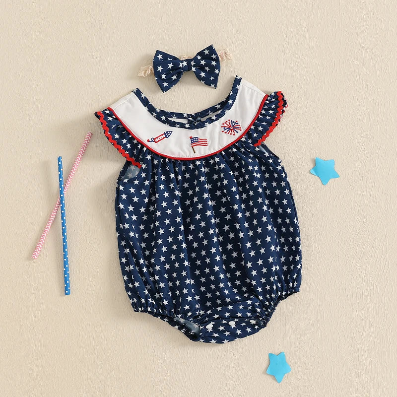 Toddler Girls 4th of July Romper – American Flag Print Sleeveless Ruffle Jumpsuit with Headband, 2-Piece Independence Day Outfit