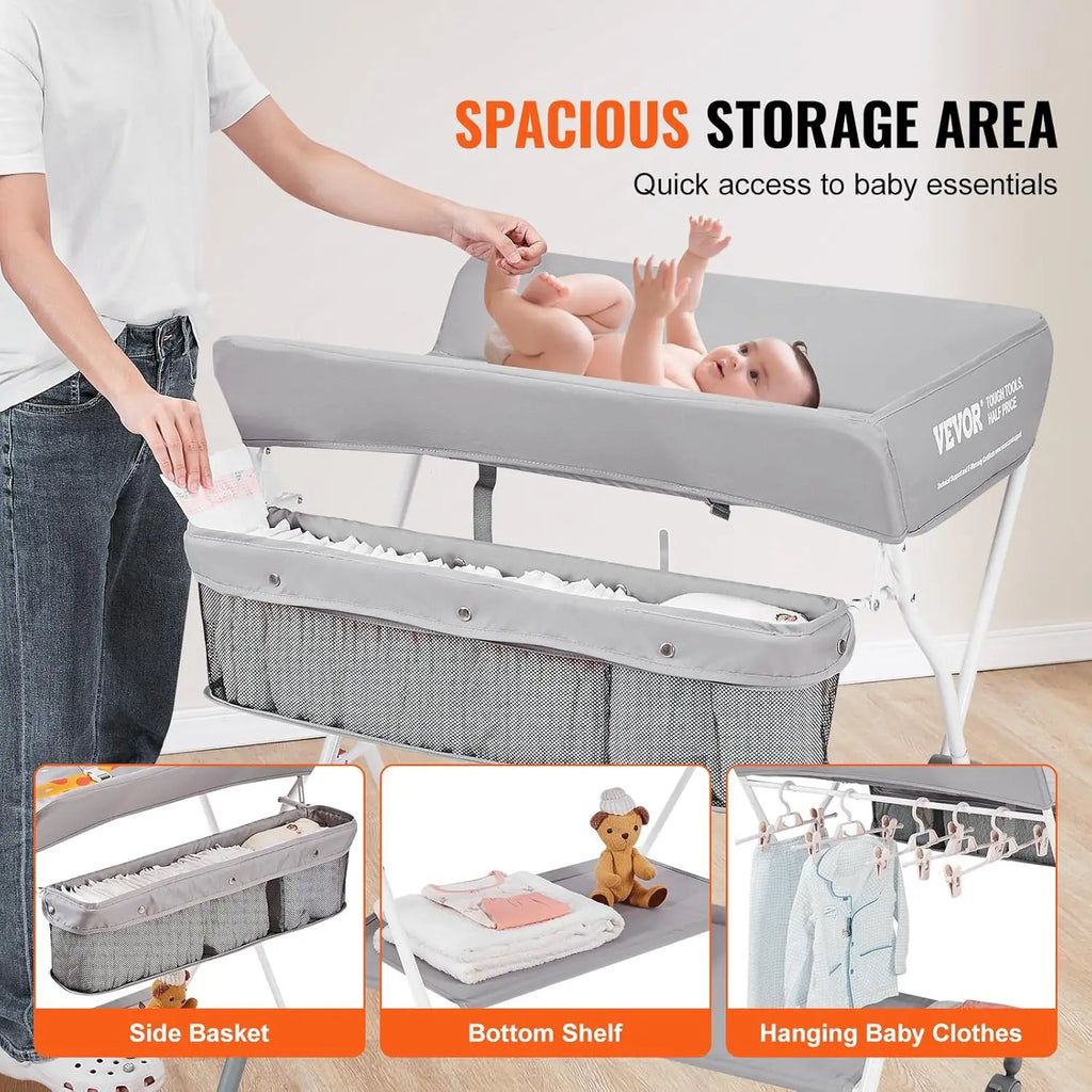 Baby Changing Table – Foldable & Portable Diaper Changing Station with Lockable Wheels, Adjustable 3-Level Height, Storage Basket & Hanging Racks for Newborns & Infants (Grey)