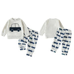 Lioraitiin Toddler Baby Boy 2-Piece Outfit – Car Embroidery Long Sleeve Pullover Sweatshirt & Elastic Waist Pants Set