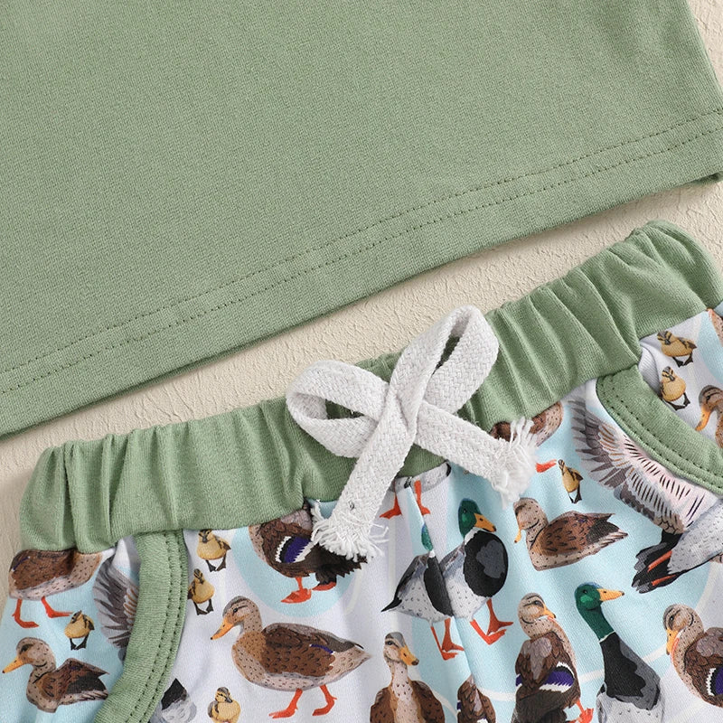 Lioraitiin Baby Boys Summer Outfit Set – Duck Embroidery Short Sleeve T-Shirt & Elastic Waist Pants (1-3 Years)