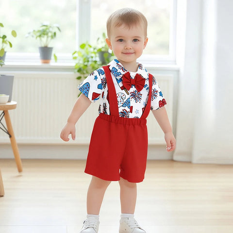 Toddler Boys 4th of July Outfit – Short Sleeve Bowtie Romper & Suspender Shorts Set – Independence Day Baby Clothes