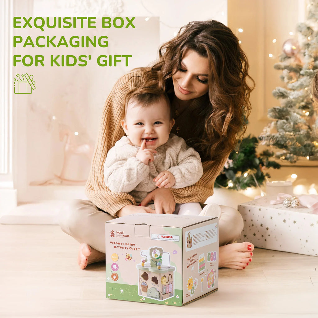 ROBOTIME Wooden Activity Cube Educational Wooden Toys with 7 Functional Areas Flower Bush Theme Montessori Toys for Toddlers