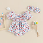 Baby Girl Summer Romper – Sleeveless Watermelon Print Jumpsuit with Bow Headband – Infant Beach Outfit for 4th of July