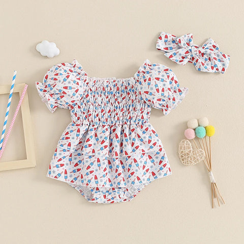 Baby Girl Summer Romper – Sleeveless Watermelon Print Jumpsuit with Bow Headband – Infant Beach Outfit for 4th of July