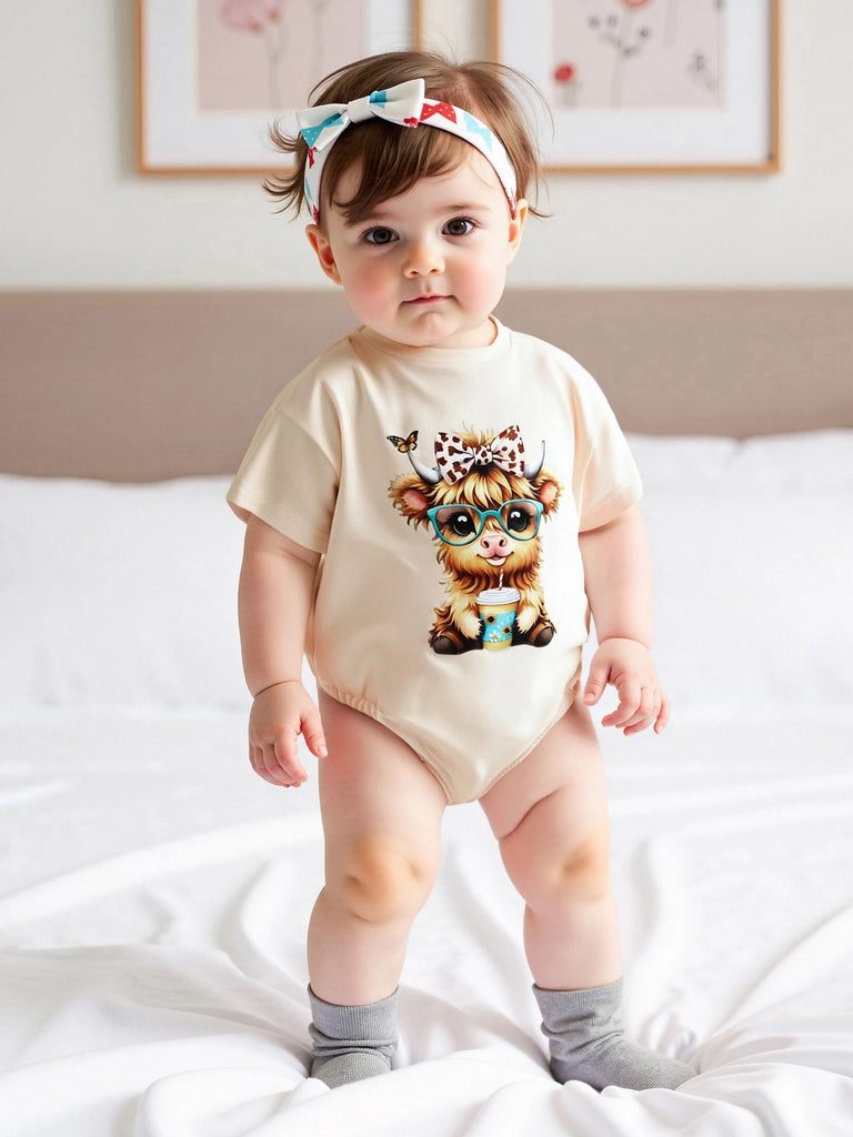 Baby Girl Highland Cow Romper – Soft Cotton Summer Bodysuit | Lioraitiin