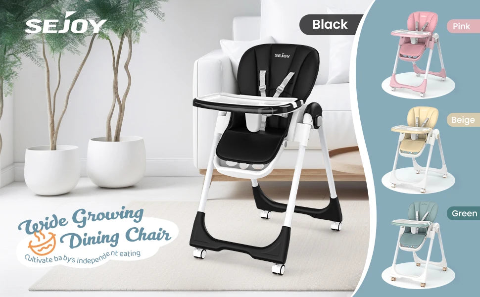 Sejoy Adjustable Baby High Chair with 5-Point Harness 3-Tier Tray & Wheels CE/CPC Certified Children's Dining Chair