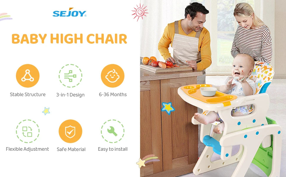 Sejoy 3-in-1 High Chair for Babies & Toddlers – Adjustable Backrest, Removable Tray & Washable Cushion – ASTM & CPC Certified Feeding Chair