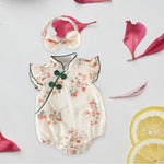 Toddler Girls Traditional Chinese Dress Set — Embroidered Floral Romper with Matching Headband, Summer Outfit