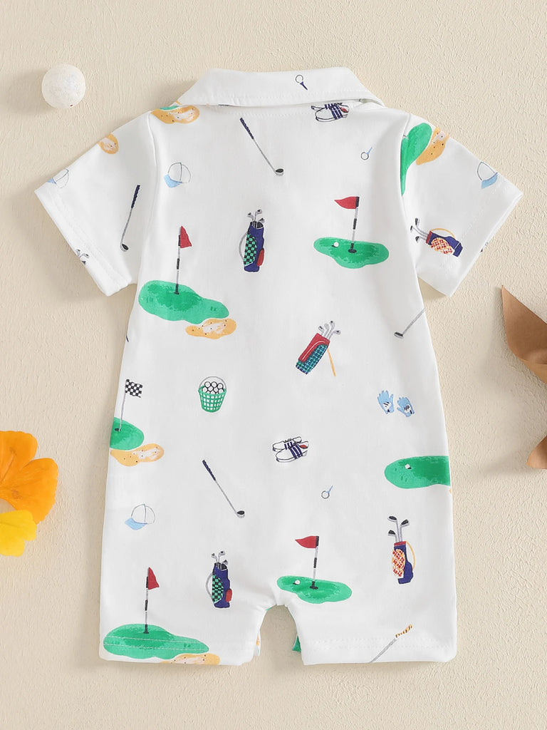 Infant Golf Romper – Unisex Baby Boy or Girl Summer Bodysuit with Half Button-Up, Lapel Neck & Short Sleeves