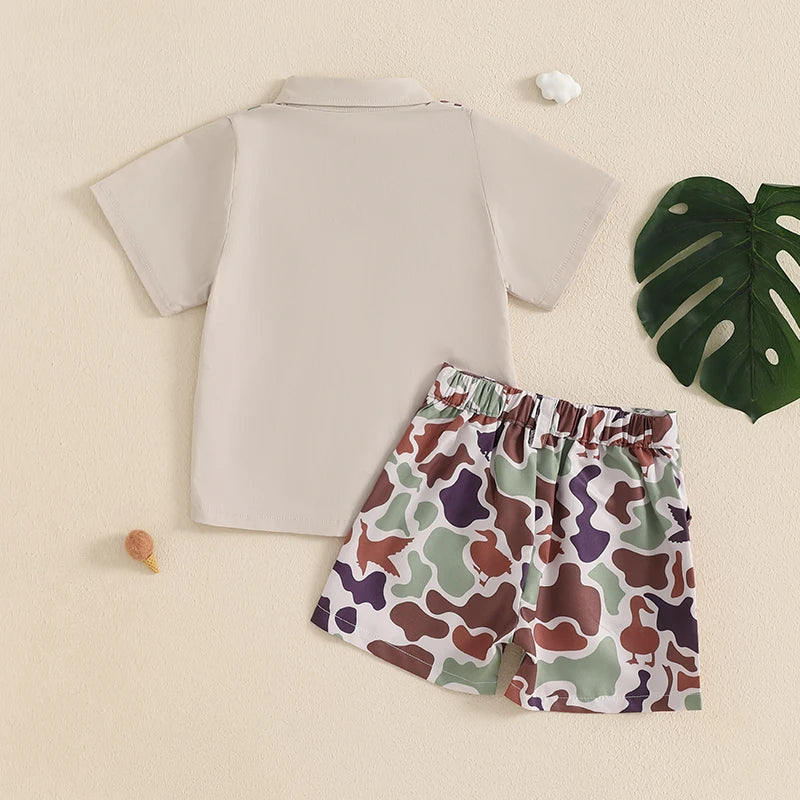 Infant Boy’s Summer Camo Print Short Sleeve Shirt & Shorts Set with Button-Down Collar – 2 Piece Outfit