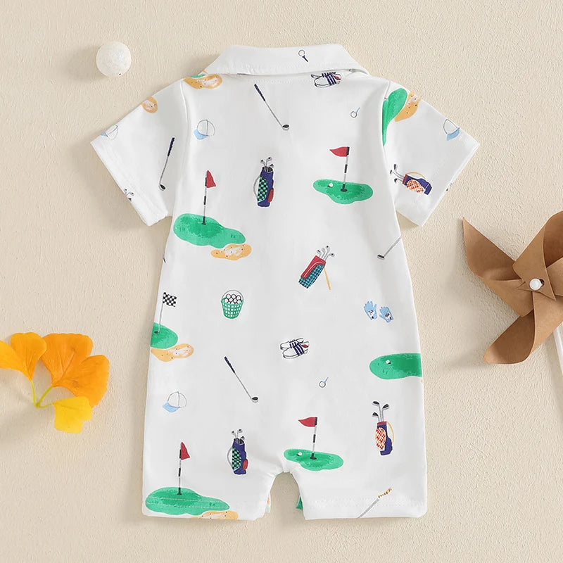 Infant Golf Romper – Unisex Baby Boy or Girl Summer Bodysuit with Half Button-Up, Lapel Neck & Short Sleeves