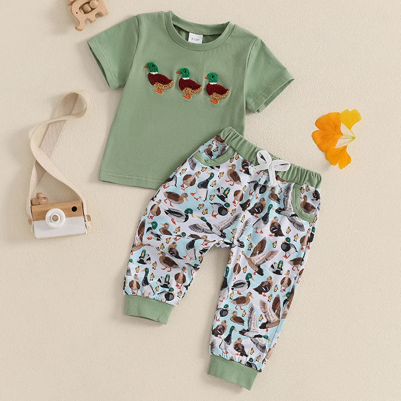 Lioraitiin Baby Boys Summer Outfit Set – Duck Embroidery Short Sleeve T-Shirt & Elastic Waist Pants (1-3 Years)