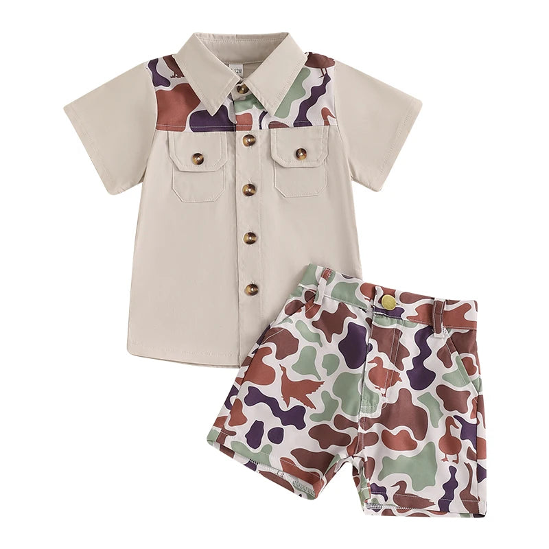 Infant Boy’s Summer Camo Print Short Sleeve Shirt & Shorts Set with Button-Down Collar – 2 Piece Outfit