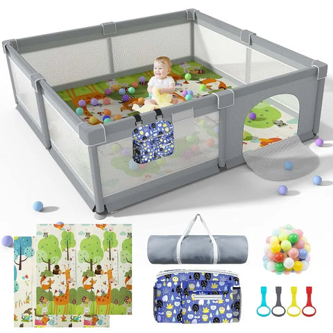 LUTIKIANG Play Yard for Babies and Toddlers with Mat – Extra Large Indoor & Outdoor Baby Fence, Kids Activity Center with Anti-Slip Suction, Zipper Gate & Ocean Balls