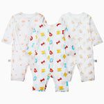 MICHLEY 3pcs Baby Short-Sleeve Rompers & Long-Sleeve Jumpsuit Bodysuit – Soft White Cartoon Infant Clothes Overalls for Boys & Girls