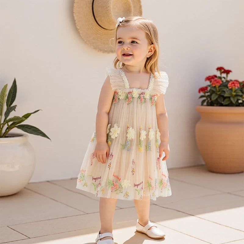 Toddler Girl Sleeveless Floral Embroidered Tulle Dress with Ruffle Square Neckline – Princess Party Dress for Baby Girl