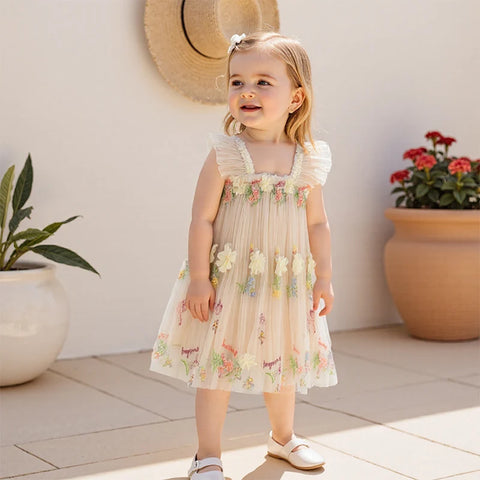 Toddler Girl Sleeveless Floral Embroidered Tulle Dress with Ruffle Square Neckline – Princess Party Dress for Baby Girl