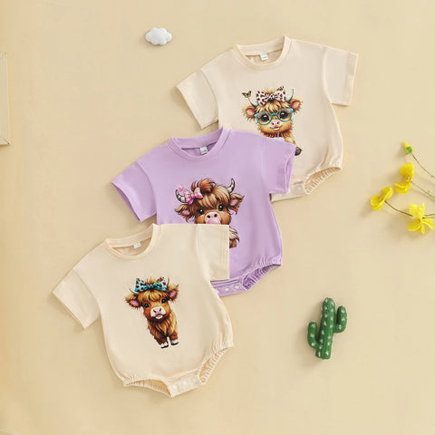 Baby Girl Highland Cow Romper – Soft Cotton Summer Bodysuit | Lioraitiin