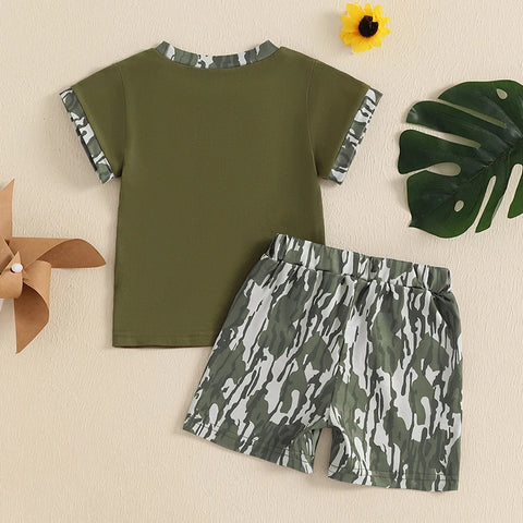Infant Boy’s Summer Outfit Set – Embroidered T-Shirt & Elastic Waist Shorts, Stylish 2-Piece Toddler Clothing for Daily Wear