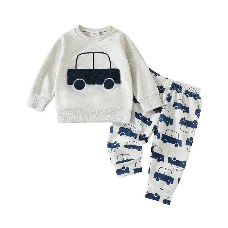 Lioraitiin Toddler Baby Boy 2-Piece Outfit – Car Embroidery Long Sleeve Pullover Sweatshirt & Elastic Waist Pants Set