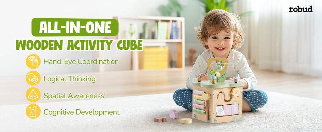 ROBOTIME Wooden Activity Cube Educational Wooden Toys with 7 Functional Areas Flower Bush Theme Montessori Toys for Toddlers
